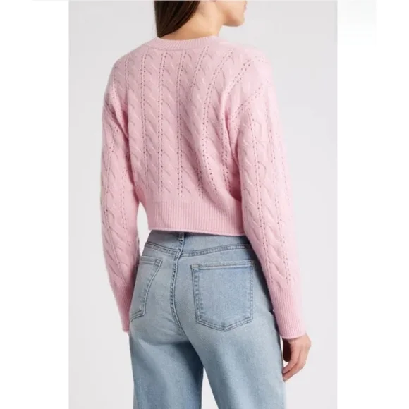 NWT LoveShackFancy Leota Wool Cashmere‎ Cardigan Pink Cable Knit Bow Sweater XL